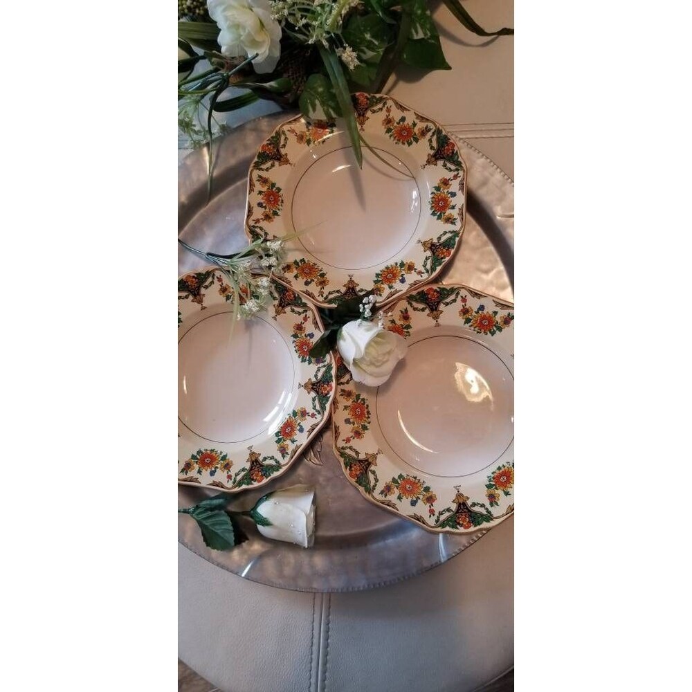Vintage Art Deco Soup Bowls, John Maddock, Floral Minerva, England, 1927-30